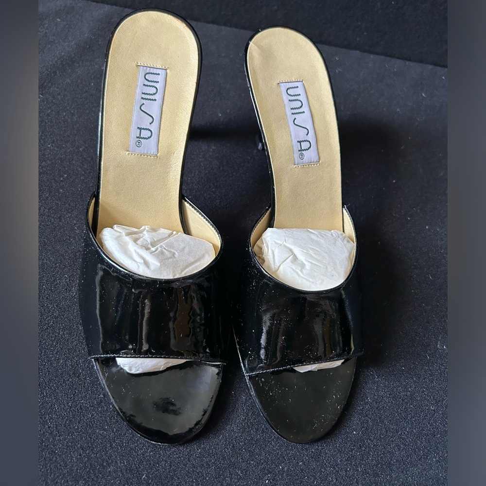 Brand New, Black Patent “Slides” Shoes by Unisa
Size 9 AA, Made in Spain